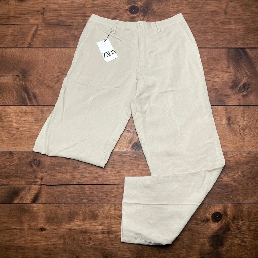 NEW Zara Man Mens Beige Linen Blend Straight Summer Trouser Pants Mens W32 x L30